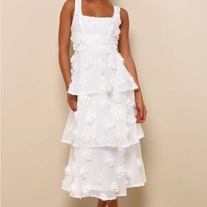 Exceptional Entrance White Sleeveless Tiered Rosette Midi Dress